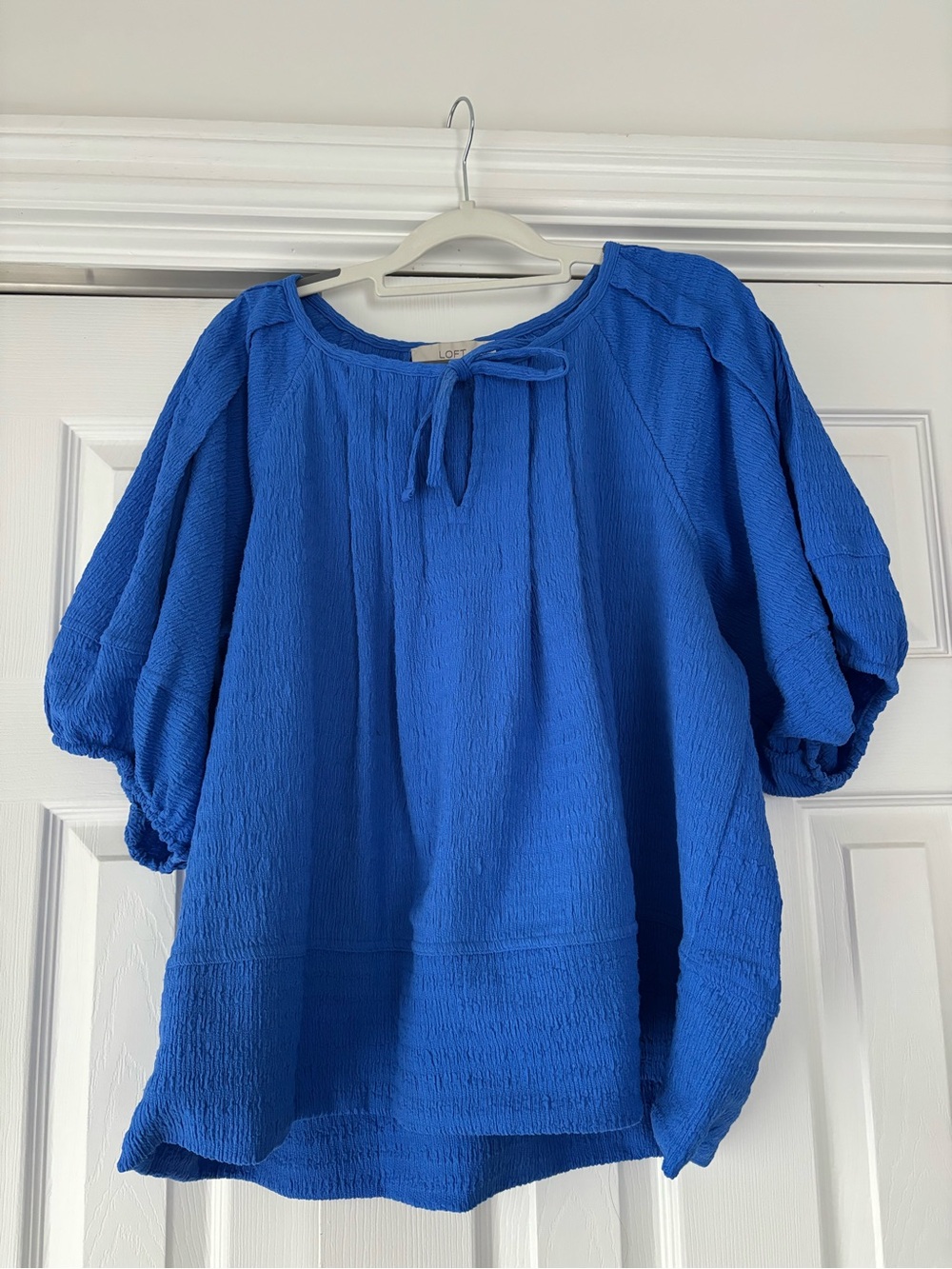 LOFT Women's Blue Textured Tie-Neck Blouse